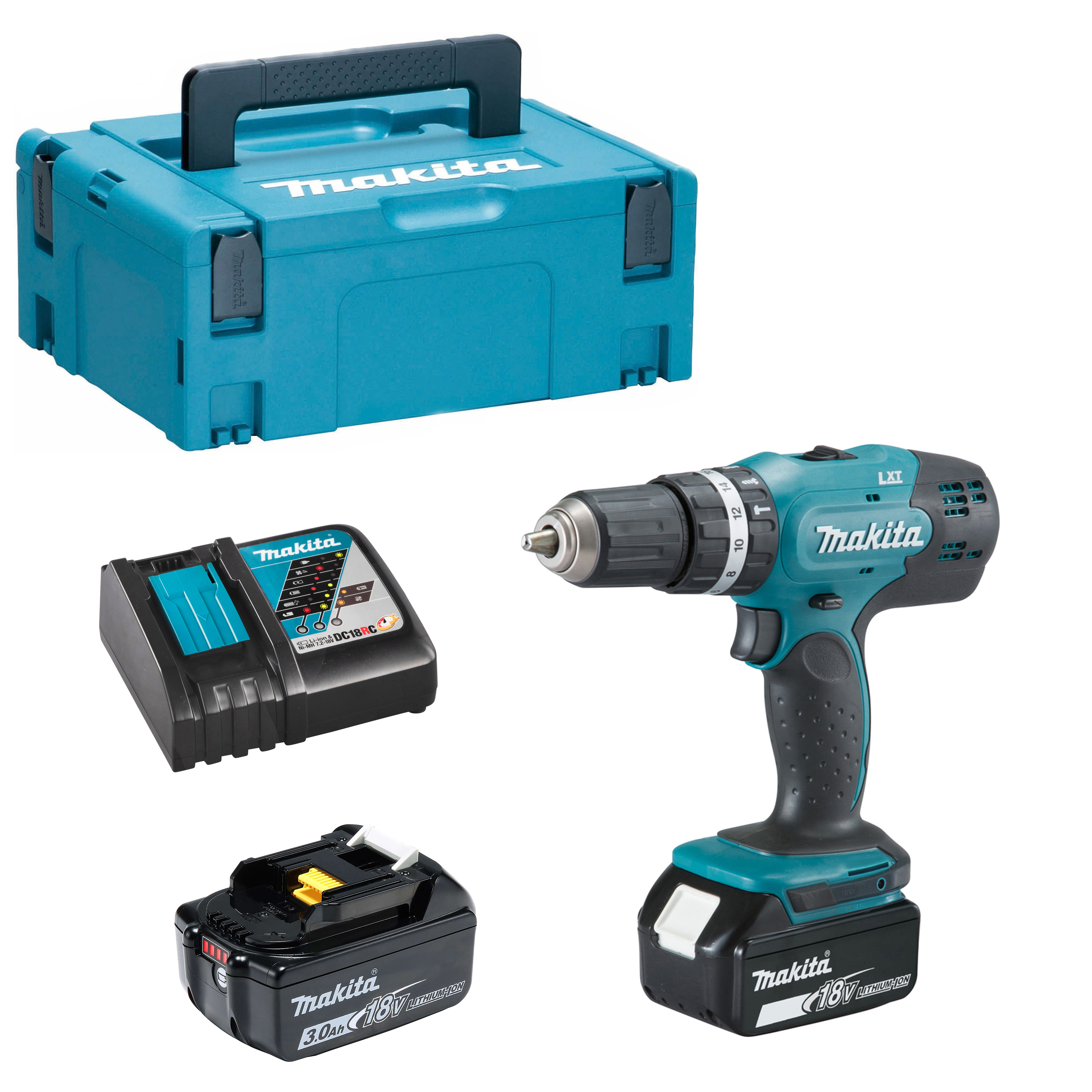 Makita DHP453RFJ Akku-Schlagbohrschrauber 18V 2x 3,0 Ah Akku + Lader im Makpac