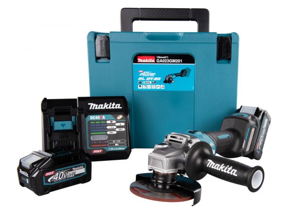 Makita GA023GM201 Smerigliatrice angolare a batteria 40V 2x 4,0Ah e caricabatteria Makpac